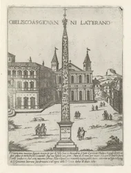 Obelisco de Letrán detrás de San Juan de Letrán en Roma Obelisco a S. Giovanni Laterano (título sobre objeto) Monumentos y edificios modernos y antiguos en Roma (título de la serie) Ornamenti di fabriche antichi et moderni dell