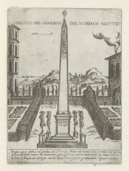 Obelisco en de tuin van Ciriaco Mattei Obelisco en el jardín de S.ciriaco Mattei (título sobre objeto) Moderne en antieke Monumenten en bouwwerken en Roma (título de la serie) Adornos de edificios antiguos y modernos de la ciudad alma de Roma (título de la