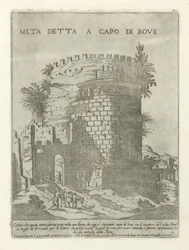 Tombe van Caecilia Metella te Roma Meta dijo a la cabeza de buey (título sobre objeto) Moderne en antieke Monumenten en bouwwerken en Roma (título de la serie) Adornos de edificios antiguos y modernos de la ciudad alma de Roma (título de la serie)