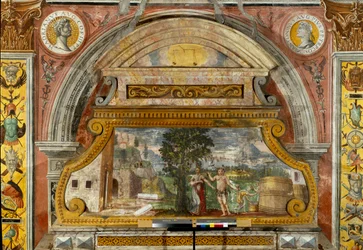 Signo del Zodiaco: “La Balanza” Medallones superiores con retratos de los emperadores Adriano y Antonino Pío. La pintura original se ha deteriorado. Escena que representa al dios Baco. Fresco atribuido a Giovanni Maria Falconetto (1468-1534) alrededor de 1