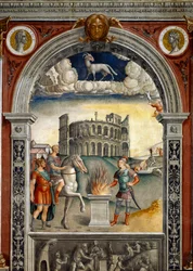 Signo del zodiaco: El carnero. Medallones superiores con retratos de Julio César y Augusto. Abajo, leyenda asociada con el nacimiento de la constelación correspondiente al signo: Cayo Mucio Escévola, introducido en el campamento enemigo de los etruscos.