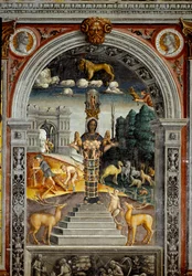 Signo del Zodiaco: “El león” Medallones superiores con retratos de los emperadores Vitelio y Vespasiano. Abajo, leyenda asociada con el nacimiento de la constelación correspondiente al signo: la deidad Artemisa de Éfeso. Fresco atribuido a Giovanni Mar