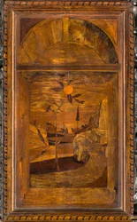 Coro canónico de madera, taraceado por Giovanni Maria Platina 1484, Sitial superior