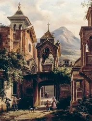 Exterior de antigua abadía con personas, por Giovanni Migliara (1785-1837)