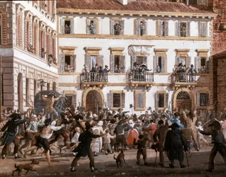 El general Domenico Pino arengando a los insurgentes en la plaza del Teatro dei Filodrammatici en Milán, 20 de abril de 1811