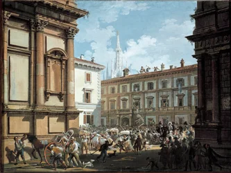Ciudadanos milaneses saqueando la casa de Giuseppe Prina en el momento de la caída de Napoleón I en 1814 (óleo sobre lienzo)