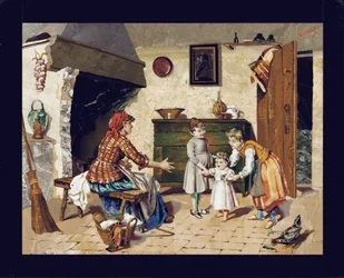 Placa pictórica que representa una escena interior de una cabaña con madre, dos niñas pequeñas y un bebé dando sus primeros pasos, Florencia, c.1900-10