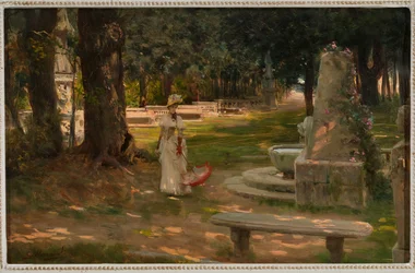 Un paseo por Villa Borghese (óleo sobre tabla)
