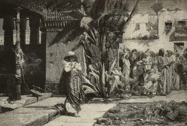 Magdalena, mujer con turbante y procesión en un pueblo de Oriente Medio, grabado de los hermanos Cantagalli a partir de un cuadro de Giovanni Muzzioli (1854-1894), Módena, Italia de L