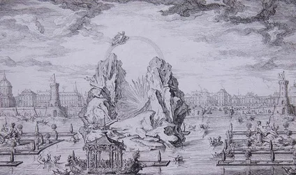 Fuegos artificiales para celebrar el nacimiento del Delfín (hijo de Luis XV), grabado por Jean Dumont, 1730