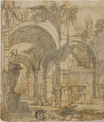 Ruinas romanas y dos figuras