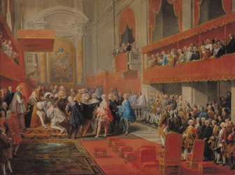 Presentación de la Orden del Espíritu Santo al Príncipe Vaini por Paul-Hippolyte de Beauvillers (1684-1776) Duque de Saint-Aignan en 1732, c.1752