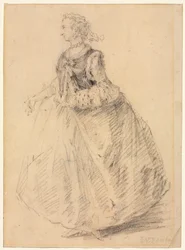 Mujer de pie con un manguito de armiño, siglo XVIII
