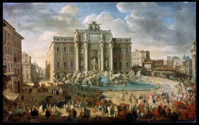 La fuente de Trevi en Roma, el Papa Benedicto XIV visita la fuente de Trevi en Roma, siglo XVIII