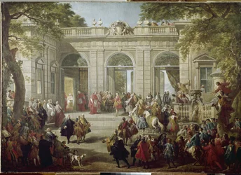 Carlos III de España, o Carlos de Borbón, rey de Nápoles (Carlo Borbone) (1716-1788), visita al papa Benedicto XIV en la Casa del Café del Palacio del Quirinal (Quirinal). Pintura (1691-1765), 1746. Nápoles, Museo Nazionale di Capodimonte