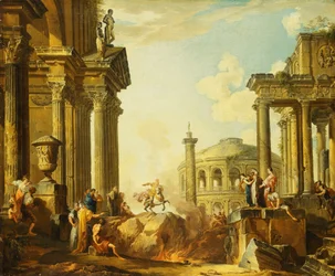 Marco Curcio saltando al abismo, un capricho con la columna de Trajano y otros edificios clásicos al fondo