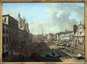 Plaza Navona en Roma con la fuente de Neptuno en primer plano, Óleo sobre lienzo de Giovanni Paolo Pannini (Panini) (1691-1765). Fotografía, KIM Youngtae, Nantes, Musee des Beaux Art de Nantes.