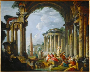 Predicación en ruinas antiguas (pintura sobre lienzo)