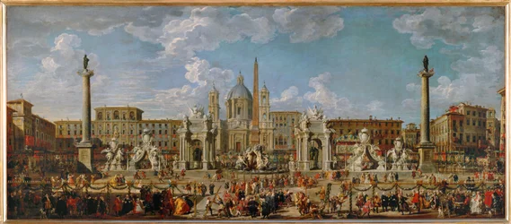 Preparativos para los fuegos artificiales y la decoración de las fiestas en la Piazza Navona de Roma el 30 de noviembre ...