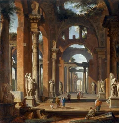Estatuas en una arcada en ruinas