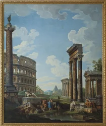 Un capricho con figuras en ruinas romanas, incluido el Arco de Constantino y el Panteón, el Coliseo y la Columna de Trajano (Columna de Trajano o Colonna Traiana) - Pintura de Giovanni Paolo Panini (Pannini) (1691-1765), óleo sobre lienzo, 210.8 x1