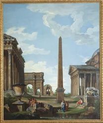 Un capriccio con ruinas romanas y una escena de la vida de Belisario - Pintura de Giovanni Paolo Panini (Pannini) (1691-1765), óleo sobre lienzo, 210,8x173 cm - (Un capriccio con ruinas romanas y una escena de la vida de Belisario , Óleo sobre lienzo de Gi