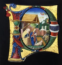 Una gran inicial historiada "P", que representa una escena de la Natividad, c.1490