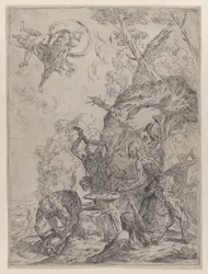 La fragua de Vulcano con herreros golpeando un yunque con martillos, 1640-59