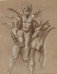 Dos Putti llevando un tercer Putti (anverso); Un joven con un bastón (verso)