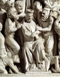 Detalle de los relieves de la Cátedra realizada por Giovanni Pisano (1248-1314): Jesús burlado (detalle)