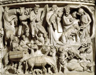 Detalle de los relieves de la silla realizada por Giovanni Pisano: el viaje y la adoración de los magos (detalle)