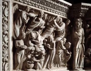 (detalle) de los relieves de la Silla realizada por Giovanni Pisano: la anunciación, la visitación y el nacimiento de San Juan Bautista