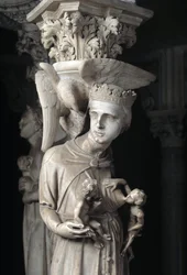 Detalle de los grupos esculpidos que sostienen la silla realizados por Giovanni Pisano (1248-1314): la Iglesia alimenta a sus hijos (detalle)