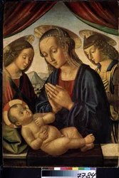 La Virgen y el Niño con Ángeles (Virgen y niño con ángeles). El halo de Jesucristo está marcado con una cruz. Pintura de Giovanni di Sante di Pietro o Giovanni Santi o Sanzio (circa 1435-1494). Témpera sobre madera, 62 x 44 cm