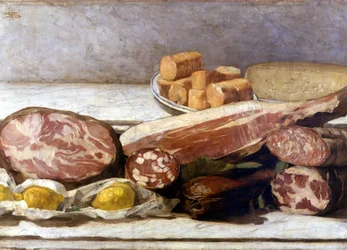 La alegría del color, bodegón de embutidos. Pintura de Giovanni Segantini (1858-1899). 1886. Milán, colección privada