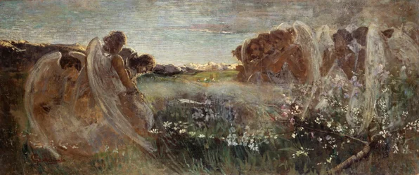 La oración de los ángeles, de Giovanni Sottocornola (1855-1917), óleo sobre lienzo, 54x128,5 cm