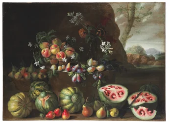 Sandías, duraznos, peras y otras frutas en un paisaje