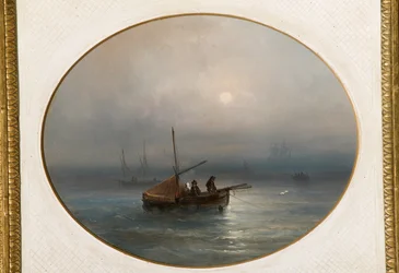 Puerto deportivo con barcos (óleo sobre cartón)