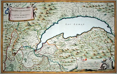 Lago de Ginebra, de un libro de dos volúmenes sobre Saboya y Piamonte, grabado por Joannes de Broen (1649-c.1730)