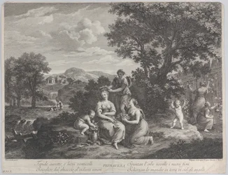 Primavera, un grupo de mujeres recogiendo flores y haciendo coronas con ellas, ca. 1764