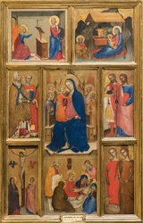 Italiano:  Polittico con Madonna con Bambino Madonna and Child with Saints