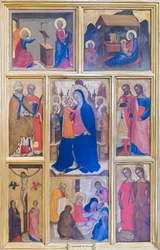 Virgen María y niño con santos y escenas de la vida de Cristo