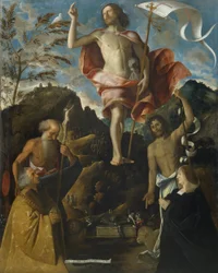 Resurrección de Cristo, San Jerónimo, San Juan Bautista y los donantes Ottaviano y Domitilla Vimercati en oración