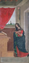Virgen Anunciada, panel de la Anunciación que originalmente formaba una de las contraventanas del órgano en San Bartolomeo, Vicenza (temple sobre lienzo)