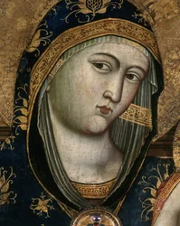 Virgen con el Niño, detalle. El rostro de la Virgen María cubierto con una tela transparente y una capucha de tela roja. Detalle del retrato de la Virgen con el Niño. Pintura de Giovanni Del Biondo (ca. 1356-1398). Políptico. Retablo italiano. Dimensiones: