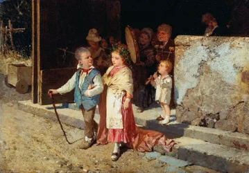 Joven matrimonio, de Giovanni Del Re (1829-1919), óleo sobre tabla, 23x33 cm