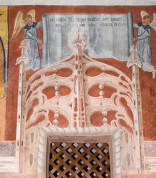 La inscripción dedicatoria de Botoneri "Esta capilla de San Magno se hizo con limosnas devotas donadas