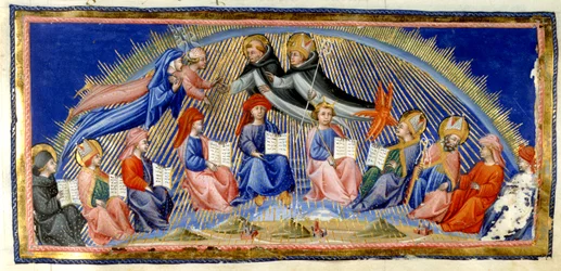 Paradiso, Canto X. Beatriz y Dante revolotean junto al Cielo del Sol y se reúnen con aquellos que se distinguen por su sabiduría: Santo Tomás de Aquino y Alberto Magno. A continuación se sientan diez representantes de la sabiduría: Beda, San Ambrosio, Isid
