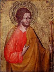 Representación de Santiago el Peregrino Este es Santiago el Mayor o Santiago, hijo de Zebedeo. Pintura de Giovanni di Paolo (1395/1400-1482)