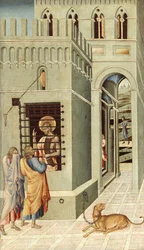 San Juan Bautista en prisión recibe la visita de dos discípulos - Pintura de Giovanni di Paolo (circa 1403-1482), témpera sobre madera (68,3x40 cm)